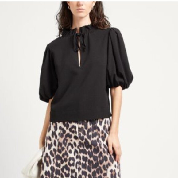 Ganni Crepe Mock Neck, 3/4 Length Sleeve Top - Picture 8 of 9